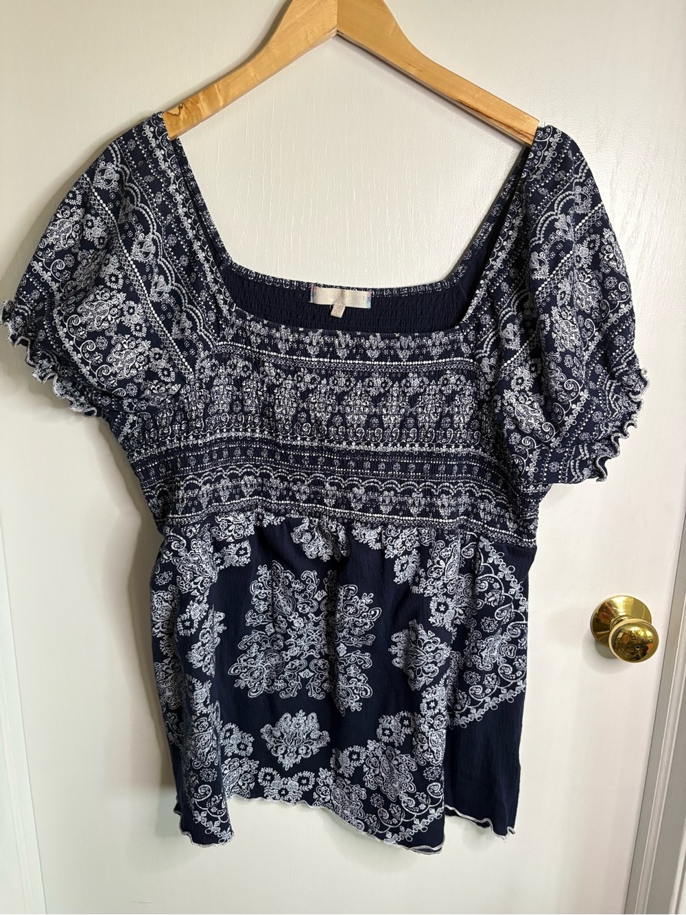 Paisley Square Neck Puff Short Sleeve Pullover Top Sz 2X Smocked Bandana Cowgirl